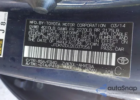 2014 Toyota Prius Two from USA, damaged, VIN JTDKN3DU2E0370561
